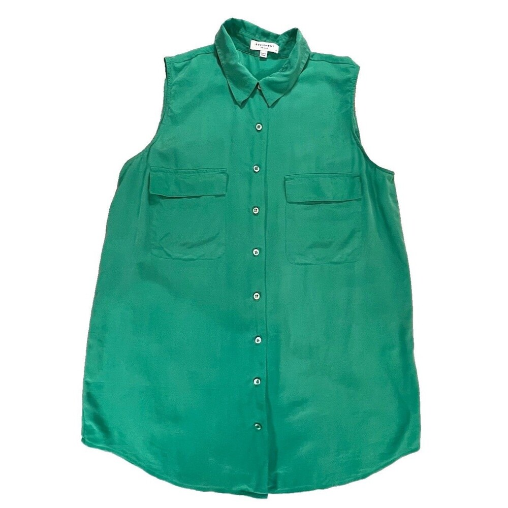 EQUIMENT FEMME SLEEVELESS BLOUSE GREEN SILK XS-SMALL BUTTON FRONT TANK POCKETS